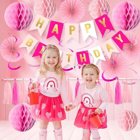 Pink Birthday Decorations Set for Women Girls Happy Birthday Banner Honeycomb Balls Paper Fans Hanging Swirl Streamers Tassels Complete Pink Birthday Party Decor Supplies in Saudi Arabia