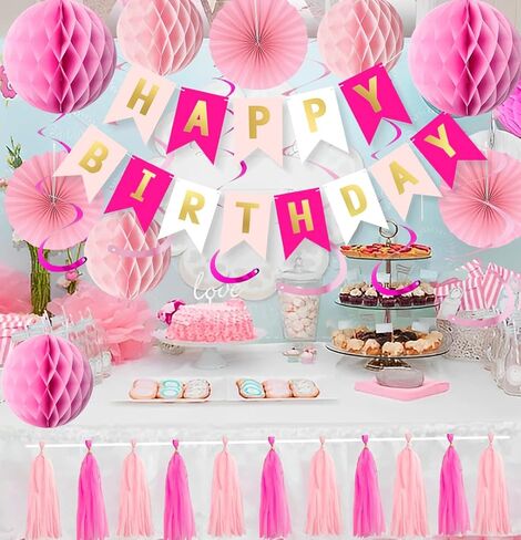 Pink Birthday Decorations Set for Women Girls Happy Birthday Banner Honeycomb Balls Paper Fans Hanging Swirl Streamers Tassels Complete Pink Birthday Party Decor Supplies in Saudi Arabia