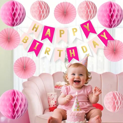 Pink Birthday Decorations Set for Women Girls Happy Birthday Banner Honeycomb Balls Paper Fans Hanging Swirl Streamers Tassels Complete Pink Birthday Party Decor Supplies in Saudi Arabia