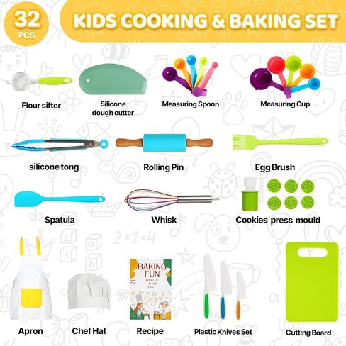32 pcs Kids Cooking&Kids Baking Sets，for Real Cooking Baking，Montessori Kitchen Tools for Toddlers，with Chef's hat and Apron, A Role-Playing Gift for Boys and Girls Aged 3+ Years Old in Saudi Arabia