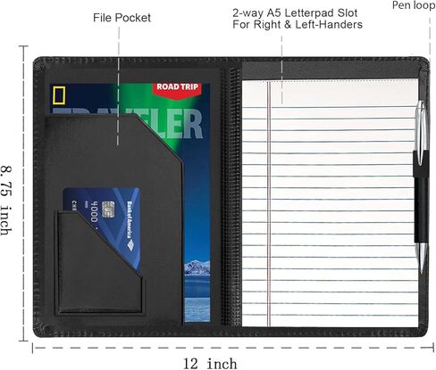 Junior Padfolio Folder - A5 Portfolio Binder Case with 5 x 8 Writing Pad and Interior Storage Pocket Executive Business Organizer for Men Women, Black in Kuwait