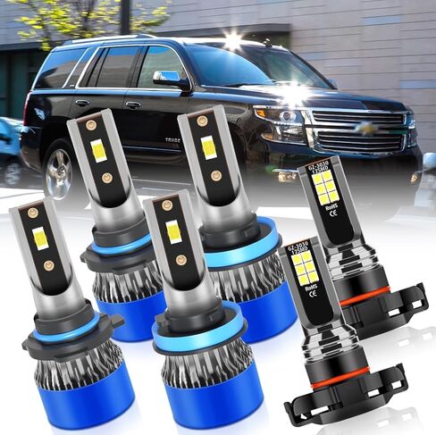 LED Headlight and Fog Light Bulbs for Chevy Tahoe 2007-2019, 6-Pack H11 Low Beam, 9005 High Beam, 5202 Fog Lights, 6500K White, 300% Brighter with Built-in Fan in Kuwait