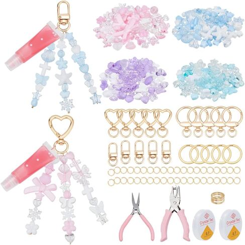 EVERJOYCRAFT 272 pcs Lip Gloss Keychain Making Kit with 15 Keychain Clips and Keyrings Acrylic Beads Jump Rings Elastic Cord Pliers Hole Puncher for Custom Lip Gloss Holders Bag Charms Keychains DIY in Saudi Arabia