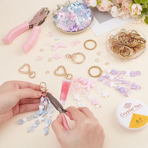 EVERJOYCRAFT 272 pcs Lip Gloss Keychain Making Kit with 15 Keychain Clips and Keyrings Acrylic Beads Jump Rings Elastic Cord Pliers Hole Puncher for Custom Lip Gloss Holders Bag Charms Keychains DIY in Saudi Arabia