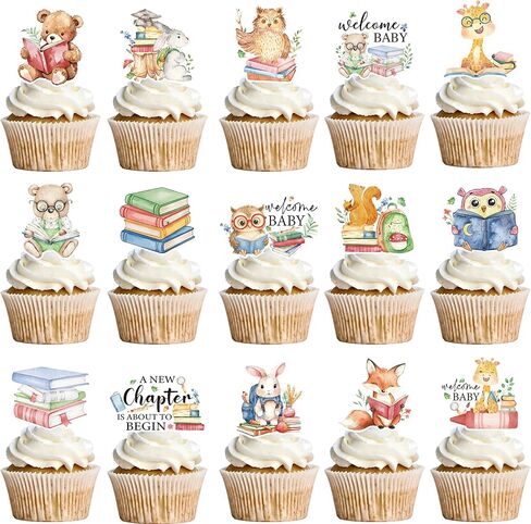 48pcs A New Chapter Begins Baby Shower Cupcake Toppers, Storybook Baby Shower Decorations Cute Woodland Animals A New Chapter Cupcake Toppers for Book Theme Party Supplies in Kuwait