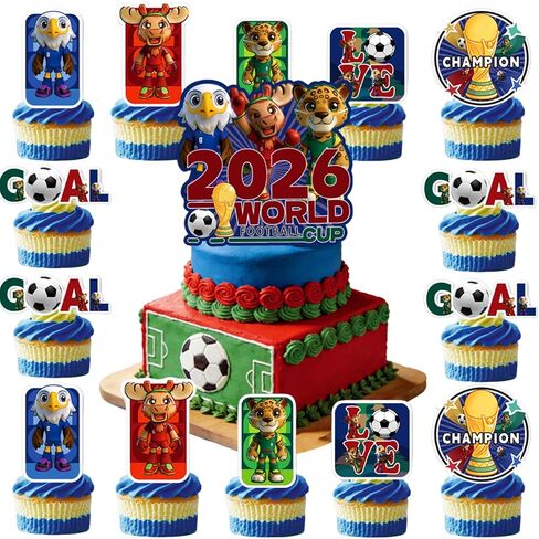 25 Pcs World Cup Soccer Cake Decorations with 24Pcs Cupcake Toppers, 1Pcs Cake Topper for Game Day Theme Party and Birthday Party Decorations (C) in Kuwait