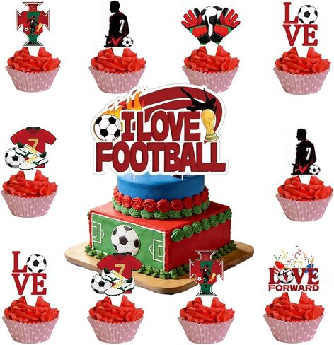 25 Pcs World Cup Soccer Cake Decorations with 24Pcs Cupcake Toppers, 1Pcs Cake Topper for Game Day Theme Party and Birthday Party Decorations (C) in Kuwait