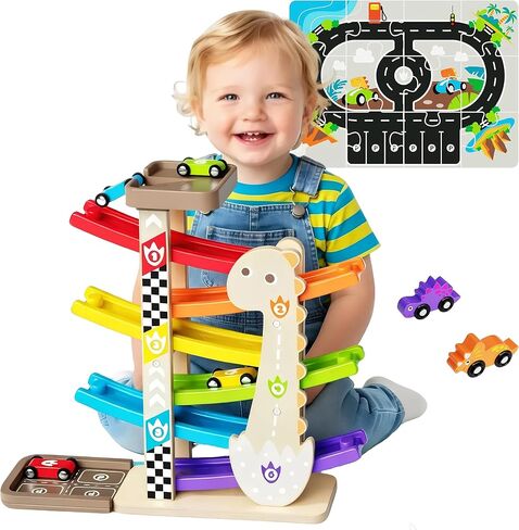 Toys for 1 2 Year Old Boy, Dinosaur Themed Wooden Car Ramp, Gifts for 1 2 Year Old in Saudi Arabia