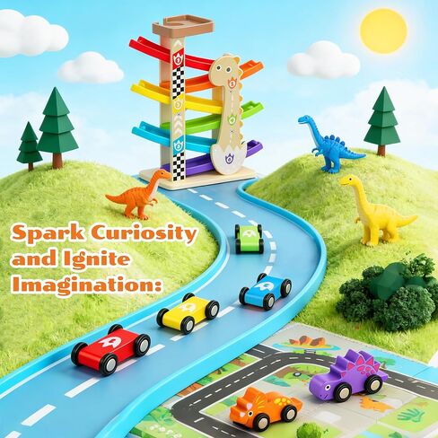 Toys for 1 2 Year Old Boy, Dinosaur Themed Wooden Car Ramp, Gifts for 1 2 Year Old in Saudi Arabia