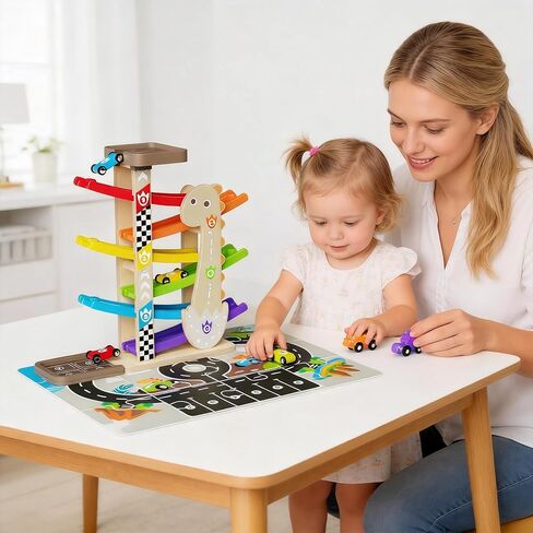 Toys for 1 2 Year Old Boy, Dinosaur Themed Wooden Car Ramp, Gifts for 1 2 Year Old in Saudi Arabia