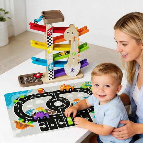 Toys for 1 2 Year Old Boy, Dinosaur Themed Wooden Car Ramp, Gifts for 1 2 Year Old in Saudi Arabia