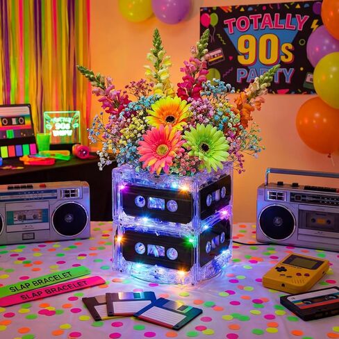 Relaxweex 6 مجموعات 80s 90s متوهجة الجدة شريط كاسيت دلو المركزية 80s لوازم الحفلات 90s موضوع حفلة عيد ميلاد لوازم ضوء شريط كاسيت ديكور الطاولة للموسيقى الرجعية الهيب هوب 1980 1990 الحدث in Kuwait
