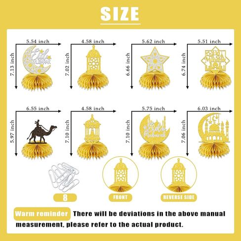 8Pcs Umrah Mubarak Honeycomb Centerpiece Eid Mubarak Table Decorations for Happy Eid Party Decor Muslim Islam Festival Party Decorations Supplies Gold Glitter in Saudi Arabia