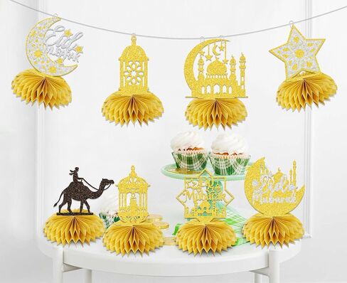 8Pcs Umrah Mubarak Honeycomb Centerpiece Eid Mubarak Table Decorations for Happy Eid Party Decor Muslim Islam Festival Party Decorations Supplies Gold Glitter in Saudi Arabia