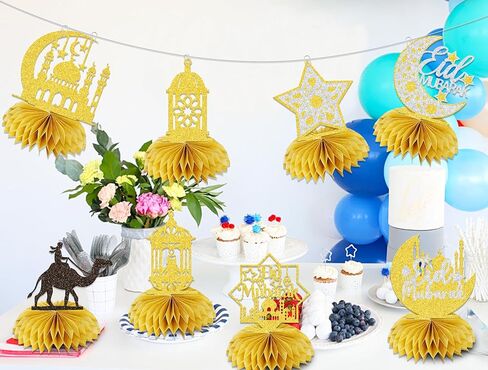 8Pcs Umrah Mubarak Honeycomb Centerpiece Eid Mubarak Table Decorations for Happy Eid Party Decor Muslim Islam Festival Party Decorations Supplies Gold Glitter in Saudi Arabia