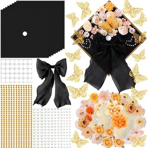 45 PCS DIY Graduation Cap Decoration Kit - 8 Cream Construction Paper with Artificial Flower Heads Bow 3D Butterfly Pearl Adhesive Dots Rhinestone Stickers for Grad Hat Topper DIY (Black) in Saudi Arabia