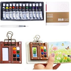 New Tobios Mini Watercolor Paint Set Portable,Mini Travel Watercolor Palette Set,Pocket Artist Acrylic colour Sets with Watercolor Pens,Binder Clips, Include 12 Colors Paint for Beginners Artists Students in Saudi Arabia