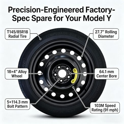 Spare Tire Kit Compatible with 2020-2025 Tesla Model Y Include Jack and Storage Bag, Black Wheel with 18x4 Rim, T145/85R18 Radial Tire, 27.7" Rolling Diameter (Excluding Performance model) in Saudi Arabia
