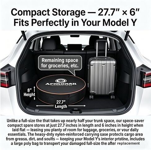 Spare Tire Kit Compatible with 2020-2025 Tesla Model Y Include Jack and Storage Bag, Black Wheel with 18x4 Rim, T145/85R18 Radial Tire, 27.7" Rolling Diameter (Excluding Performance model) in Saudi Arabia