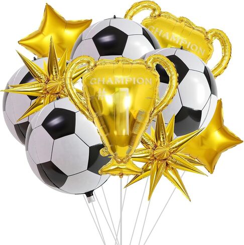 10 Pcs 4D Sphere Soccer Balloons Set with Golden Championship Trophy & Star Burst Balloon - Soccer Party Decorations for World Cup Parties, Sports Theme Birthday, Football Fans Party Decoration Supply in Saudi Arabia