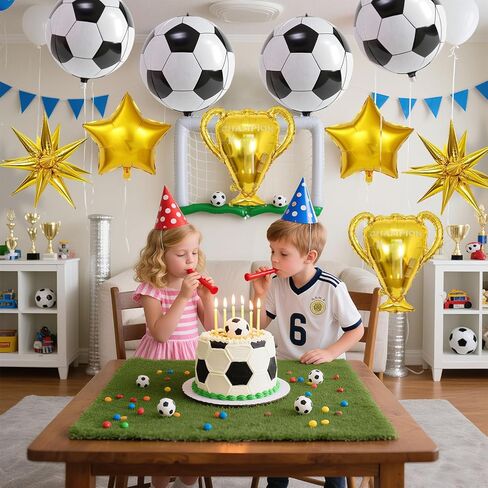 10 Pcs 4D Sphere Soccer Balloons Set with Golden Championship Trophy & Star Burst Balloon - Soccer Party Decorations for World Cup Parties, Sports Theme Birthday, Football Fans Party Decoration Supply in Saudi Arabia