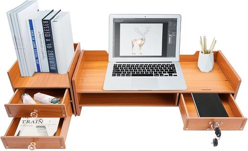 Computer Monitor Stand, 2 Tiers Vintage Wooden Monitor Stand Riser, Durable Desktop Computer Organizer Shelf with Phone Holder& Lockable Drawers for Laptop, PC, Office Supplies Wood Monitor Stand with Drawer in Saudi Arabia