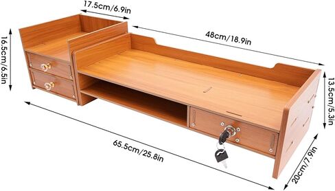 Computer Monitor Stand, 2 Tiers Vintage Wooden Monitor Stand Riser, Durable Desktop Computer Organizer Shelf with Phone Holder& Lockable Drawers for Laptop, PC, Office Supplies Wood Monitor Stand with Drawer in Saudi Arabia