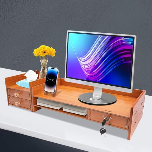 Computer Monitor Stand, 2 Tiers Vintage Wooden Monitor Stand Riser, Durable Desktop Computer Organizer Shelf with Phone Holder& Lockable Drawers for Laptop, PC, Office Supplies Wood Monitor Stand with Drawer in Saudi Arabia