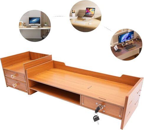 Computer Monitor Stand, 2 Tiers Vintage Wooden Monitor Stand Riser, Durable Desktop Computer Organizer Shelf with Phone Holder& Lockable Drawers for Laptop, PC, Office Supplies Wood Monitor Stand with Drawer in Saudi Arabia