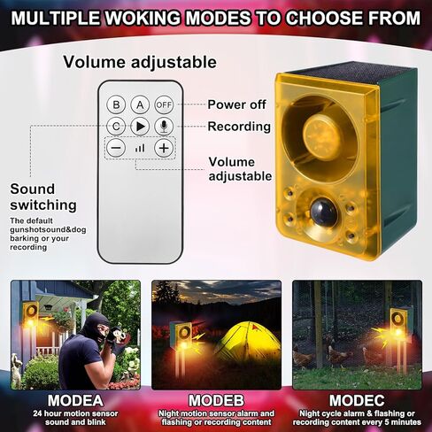 4 Pcs Solar Outdoor Motion Sensor Alarm Motion Sensor Animal Deterrent Gunshot Sound Dog Barking Alarm 130db Loud Noise Maker 3 Modes with USB Remote Control, Support Recording and Volume Adjustment in Saudi Arabia