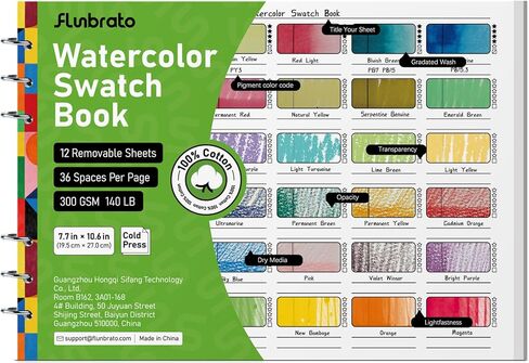 FLUNBRATO Watercolor Swatch Book 12 Sheets,100% Cotton Binder Bound 10.6 x 7.7 inch 140lb 300gsm Swatch Book for Watercolor Colored Pencils Oil Pastel Acrylic Markers & Mixed Media in Saudi Arabia