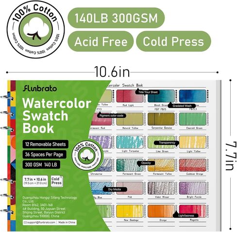 FLUNBRATO Watercolor Swatch Book 12 Sheets,100% Cotton Binder Bound 10.6 x 7.7 inch 140lb 300gsm Swatch Book for Watercolor Colored Pencils Oil Pastel Acrylic Markers & Mixed Media in Saudi Arabia