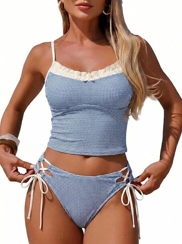 Gingham Tankini Swimsuits for Women Ruffle Bowknot Decor 2 Piece Bathing Suit Tie Side Bikini Swimwear in Saudi Arabia
