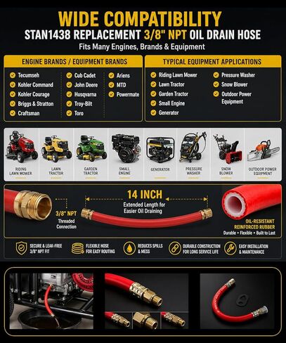 3/8" NPT Oil Drain Hose STAN1438 Replacement 14 Inch Engine Oil Drain Hose Heavy Duty Brass Fitting Reinforced Rubber Fits Tecumseh Kohler Briggs Riding Mower Lawn Tractor in Saudi Arabia