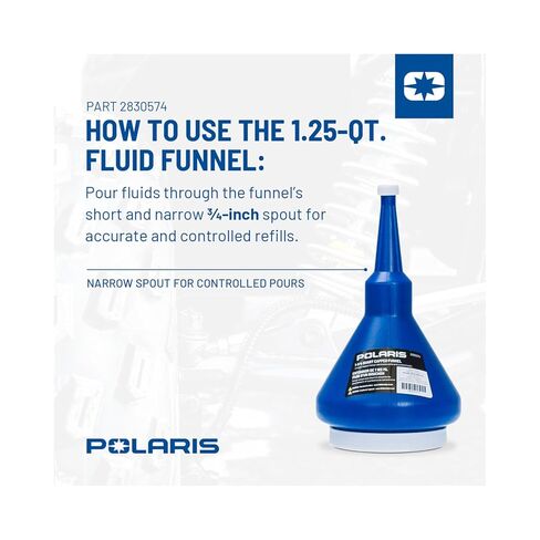 Polaris 1.25 Quart Funnel with Cap, Blue - Mess-Free and Controlled Pouring of Automotive Fluids, Oil, Gas - Durable Design for Easy Maintenance, Refills and Precision Pouring, Part 2830574 in Kuwait