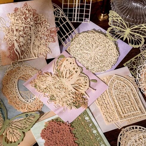 60PCS Vintage Love Heart Butterfly Leaf Lace Star Flower Cut Outs Border Card Cutouts Paper Lace for Scrapooking Supplies Kit Scrapbook Decorative Paper Card for DIY Arts Crafts Album Planner Junk in Saudi Arabia