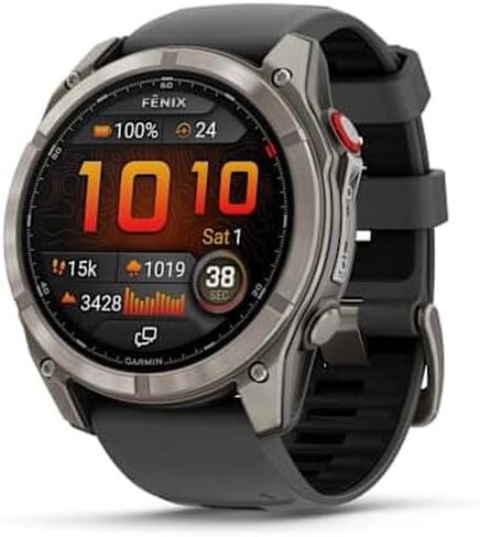 Garmin fēnix® 8 – 47 مم، AMOLED، Sapphire، ساعة ذكية Premium Multisport GPS، عمر بطارية طويل الأمد، تصنيف الغوص، مصباح يدوي LED مدمج، رمادي كربون DLC تيتانيوم مع حزام رمادي محبب in Saudi Arabia