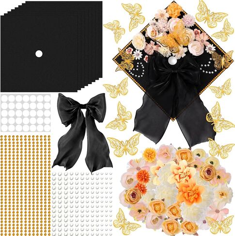 45 PCS DIY Graduation Cap Decoration Kit - 8 Cream Construction Paper with Artificial Flower Heads Bow 3D Butterfly Pearl Adhesive Dots Rhinestone Stickers for Grad Hat Topper DIY (Black) in Saudi Arabia