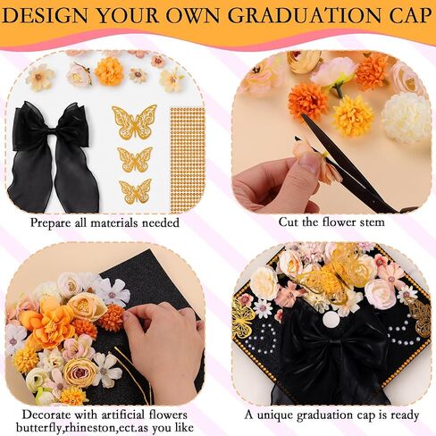 45 PCS DIY Graduation Cap Decoration Kit - 8 Cream Construction Paper with Artificial Flower Heads Bow 3D Butterfly Pearl Adhesive Dots Rhinestone Stickers for Grad Hat Topper DIY (Black) in Saudi Arabia