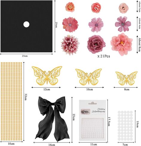 45 PCS DIY Graduation Cap Decoration Kit - 8 Cream Construction Paper with Artificial Flower Heads Bow 3D Butterfly Pearl Adhesive Dots Rhinestone Stickers for Grad Hat Topper DIY (Black) in Saudi Arabia
