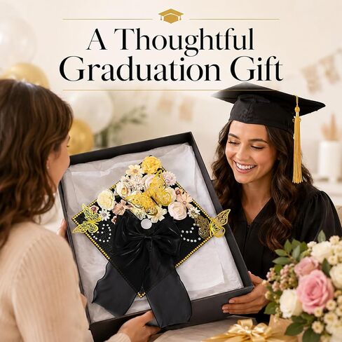 45 PCS DIY Graduation Cap Decoration Kit - 8 Cream Construction Paper with Artificial Flower Heads Bow 3D Butterfly Pearl Adhesive Dots Rhinestone Stickers for Grad Hat Topper DIY (Black) in Saudi Arabia