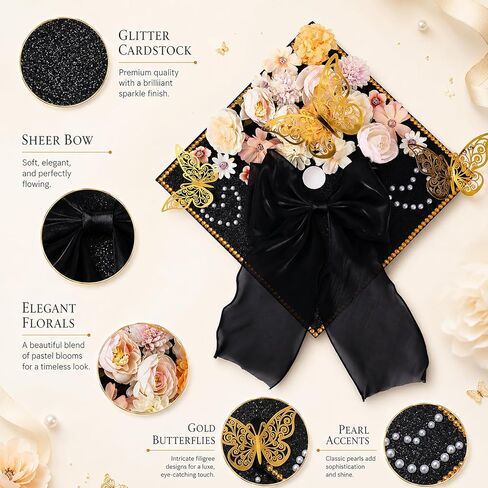 45 PCS DIY Graduation Cap Decoration Kit - 8 Cream Construction Paper with Artificial Flower Heads Bow 3D Butterfly Pearl Adhesive Dots Rhinestone Stickers for Grad Hat Topper DIY (Black) in Saudi Arabia