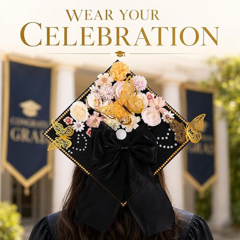 45 PCS DIY Graduation Cap Decoration Kit - 8 Cream Construction Paper with Artificial Flower Heads Bow 3D Butterfly Pearl Adhesive Dots Rhinestone Stickers for Grad Hat Topper DIY (Black) in Saudi Arabia
