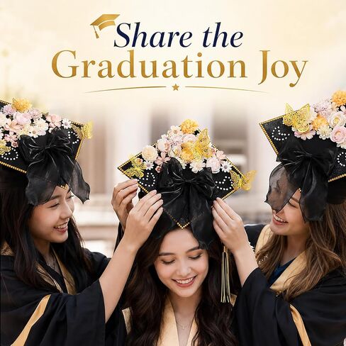 45 PCS DIY Graduation Cap Decoration Kit - 8 Cream Construction Paper with Artificial Flower Heads Bow 3D Butterfly Pearl Adhesive Dots Rhinestone Stickers for Grad Hat Topper DIY (Black) in Saudi Arabia