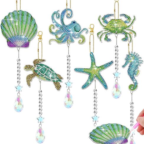 SJTYDX 6 Pcs Ocean Sea Life Diamond Painting Suncatchers Kits, DIY Summer Wind Chimes Diamond Art, Paint by Crystal Gem Hanging Ornaments for Beginners Adults, Home Garden Window Décor in Kuwait