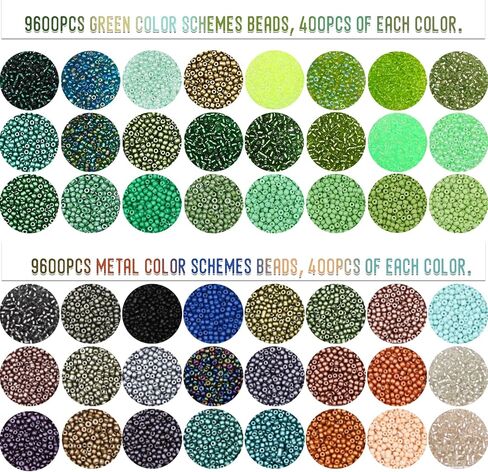 LET'S BEADING 19200Pcs 2mm Glass Seed Beads Small Craft Beads 12/0 for DIY Bracelet Necklaces Crafting Jewelry Making Supplies (48 Colors, Green/Metallic Series) in Saudi Arabia