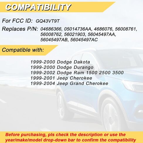 Vurkcy Key Fob Replacement for 1999-2002 Dodge Ram 1500 2500 3500/99 00 Dakota Durango/ 99-04 Grand Cherokee/ 99-01 Cherokee Car Keyless Entry Remote Control, GQ43VT9T, 3-Btn, 2Pcs in Kuwait