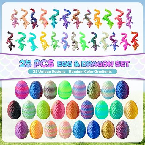 25 Pcs 3D Printed Dragon Eggs with Articulated Dragon Inside, 6.1" Magic Silk Rainbow Dragon Bulk Set, 2.2" Dragon Egg Collection, Unique Gradient Dragon Figurine, Desktop Stress Relief Toys Gifts in Saudi Arabia
