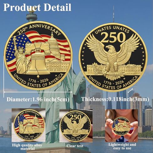 250th Anniversary Commemorative Coins - American Flag & Liberty Bell Design Collectible Coins, Durable Metal Anniversary Coins, America 250th Merchandise for Celebration & Gifting(1776-2026) in Saudi Arabia