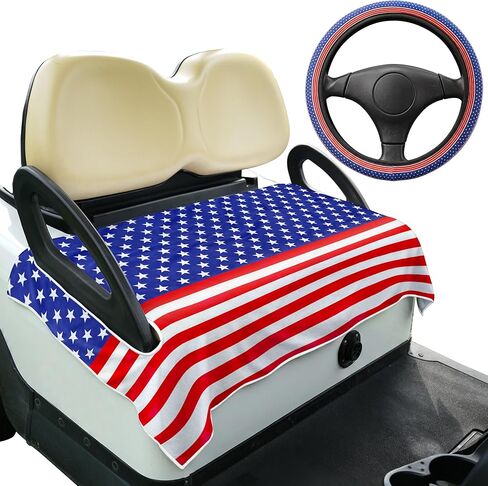 YOKYHOM Golf Cart Seat Covers with Steering Wheel Cover, Patriotic Golf Cart Accessories Set, for Most Golf Carts, Golf Cart Decorations for Independence Day, Blue White in Saudi Arabia